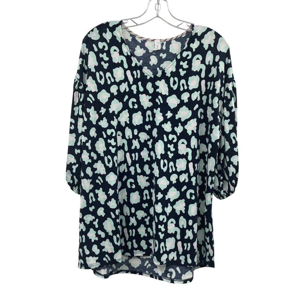Honeyme Womens Pullover Print Top 3/4 Puff Sleeve Navy/Multi Size Small